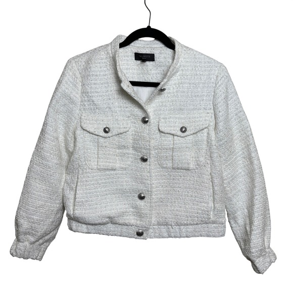 Talbots Jackets & Blazers - Talbots Petite Metallic Boucle Crop Silver‎ Button Tweed Bomber Jacket Womens MP